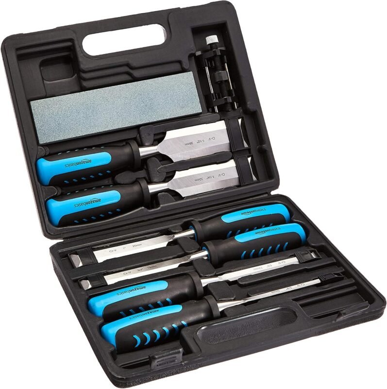 Amazon Basics 8-Piece Woodworking Wood Chisel Set for Carving with Honing Guide, Sharpening Stone, and Storage Case, 1/4" - 1-1/2"