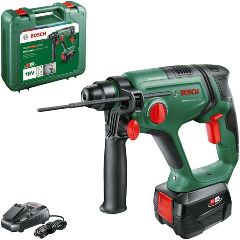 Bosch Cordless Rotary Hammer Drill Universal Hammer 18V (1x Battery 2.5 Ah, 18 Volt System; Drilling/Hammer Drilling/Chiselling; 2.0 J Impact Energy, SDS Plus Tool Holder, in Carrying Case)