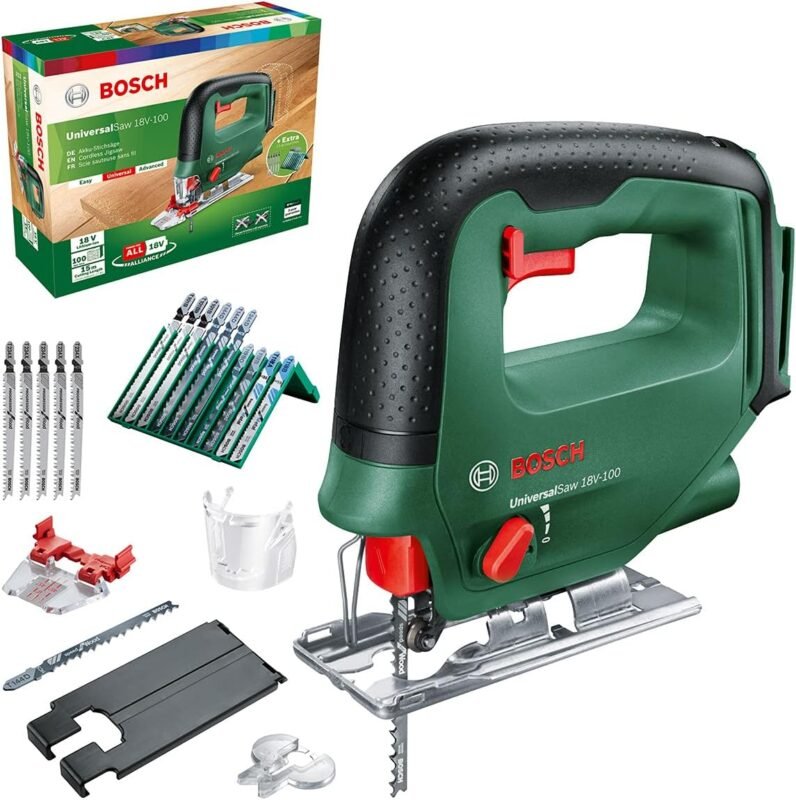 Bosch Home and Garden Cordless Jigsaw UniversalSaw 18V-100 (Without Battery, 18 Volt System, 15 pcs Jigsaw Blade Set Included, in Carton Packaging)