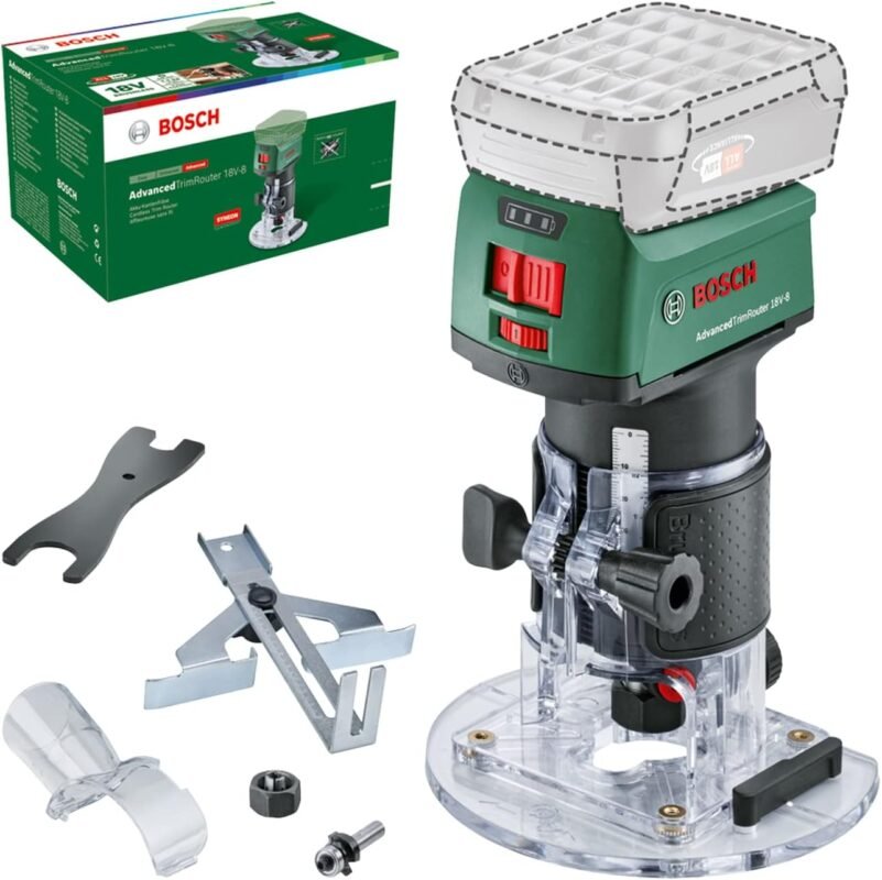 Bosch Home and Garden Cordless Trim Router Advanced TrimRouter 18V-8 (Without Battery, 18 Volt System, Brushless Motor, Additional Accessories, in Carton Packaging) – Amazon Edition