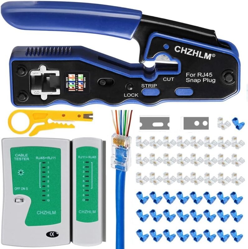 CHZHLM RJ45 Crimping Tool Kit | Pass Through Crimper Stripper Cutter All-in-One for Cat5 Cat6 Pass Through Connector