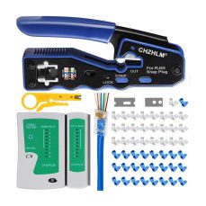 CHZHLM RJ45 Crimping Tool Kit | Pass Through Crimper Stripper Cutter All-in-One for Cat5 Cat6 Pass Through Connector