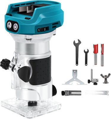 Cordless Router Compatible with Makita 18V Battery – 1300W Brushless Wood Trimmer with 6 Speeds, Straight Guide, Guide Wheel, Milling Bit, and 2 Spanners (Battery Not Included)