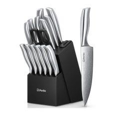 D.Perlla 15-Piece Knife Set with Block – High Grade Stainless Steel Kitchen Knife Set with Built-in Sharpener, Including Steak Knives, Scissors for Chopping, Slicing, Dicing, Sharp and Rust-Resistant