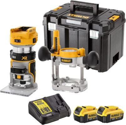 DEWALT DCW604NT 18V XR Brushless Router Trimmer with 2 x 4.0Ah Battery & Charger – Versatile and Durable Woodworking Tool