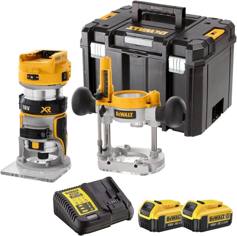 DEWALT DCW604NT 18V XR Brushless Router Trimmer with 2 x 4.0Ah Battery & Charger – Versatile and Durable Woodworking Tool