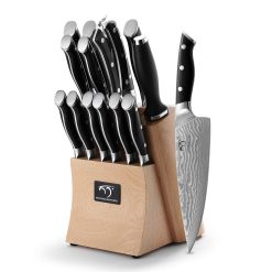 Damascus Kitchen Knife Set 15pcs - Chef Damascus Knives Set with 67 Layers VG10 Damascus Steel, Japanese Professional Kitchen Sharp Knife Set with Wood Knife Block