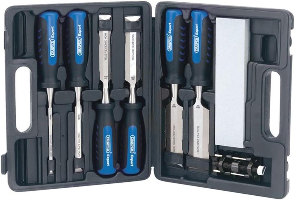 Draper Expert 140mm 8 Piece Wood Chisel Set Woodworking Hand Tools Aluminium Oxide Sharpening Stone