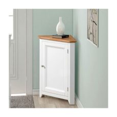 Hallowood Furniture Clifton Off White Painted Compact Corner Display Unit with Light Oak Top – Wooden Corner Cupboard, Small Storage Cabinet, Corner Units for Living Room & Kitchen