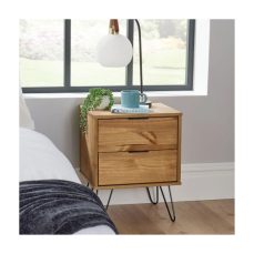 Home Source Acadia Bedside Cabinet Nightstand - Industrial Wooden End Side Table with 2 Drawers, Pine