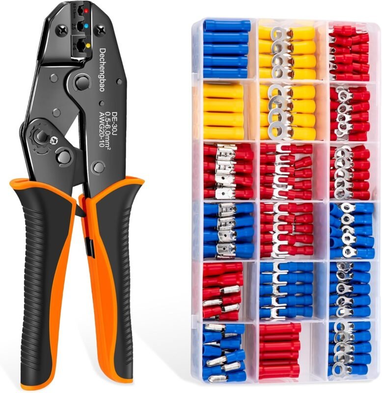 Insulated Wire Terminal Crimping Tool Kit, 0.5-6mm² Ratchet Crimping Plier, Cable Lug Pliers Electrician Crimping Tool Set with 700 Insulated Butt Bullet Spade Ring Crimp Connectors