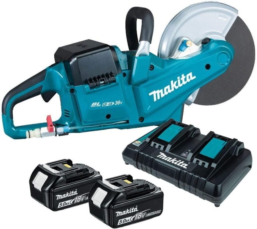 Makita DCE090T2X1 Twin 18V (36V) Li-ion LXT Brushless 230mm Disc Cutter Complete with 2 x 5.0 Ah Batteries and Twin Port Charger