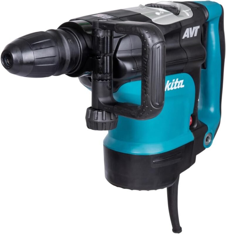 Makita HR4511C/1 110V 45mm SDS-Max AVT Rotary Demolition Hammer comes with a carry case.