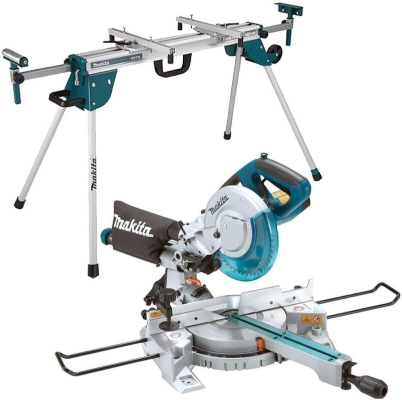 Makita LS0815FL 240V Sliding Compound Laser Mitre Saw 216mm + DEBWST06 Leg Stand