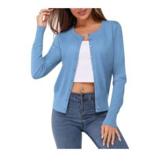 Newshows Women's Solid Button Down Long Sleeve Classic Crew Neck Knit Cardigan Sweater