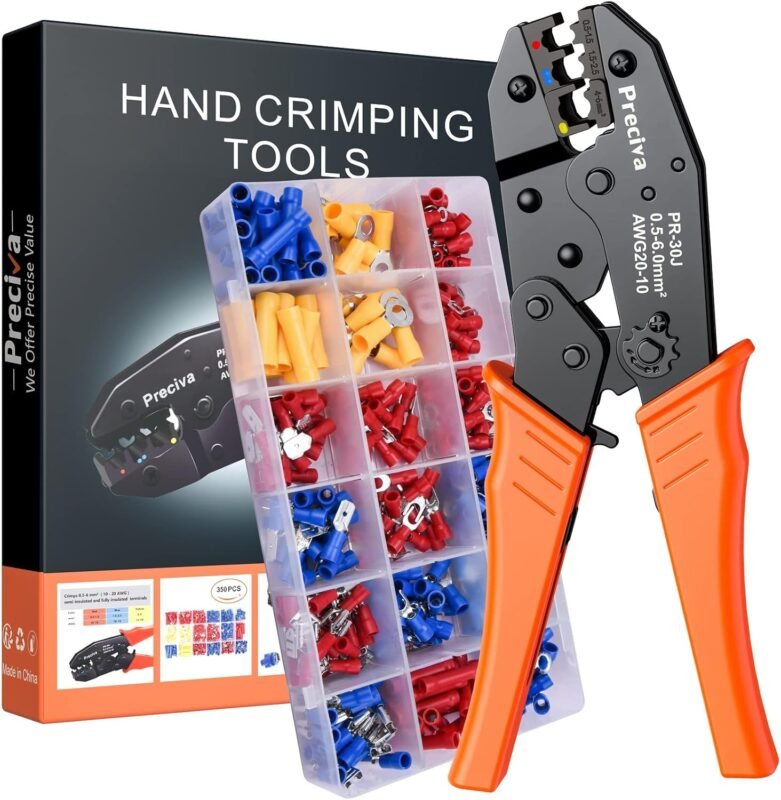 Preciva insulated Wire Terminal Crimping Tool Kit, Preciva 0.5-6mm² Ratchet Crimping Plier, Cable Lug Pliers Electrician Crimping Tool Set with 350 Insulated Butt Bullet Spade Ring Crimp Connectors