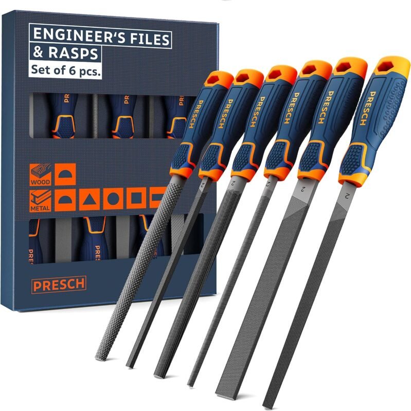 Presch File Set - 6 Pieces for Metal and Wood with Bag: Includes Half-Round Rasp, Flat Stump File, Half-Round File, Round File, Triangular File, and Square File