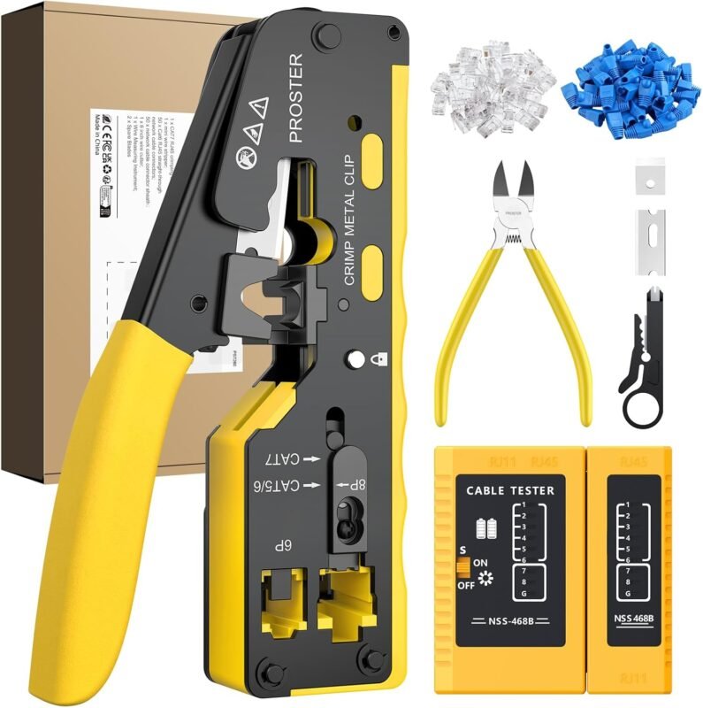 Proster RJ45 Crimp Tool Set All-in-One RJ45 Crimping Tool Kit with 50 PCS CAT6 Pass Through Connectors & 50 PCS RJ45 Cat6 Protection Covers