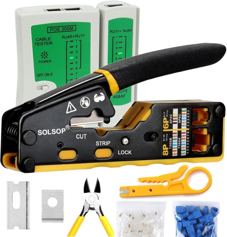 RJ45 Crimp Tool Kit Pass Through Crimper - Ethernet RJ45 Crimping Tool, Stripper, Cutter