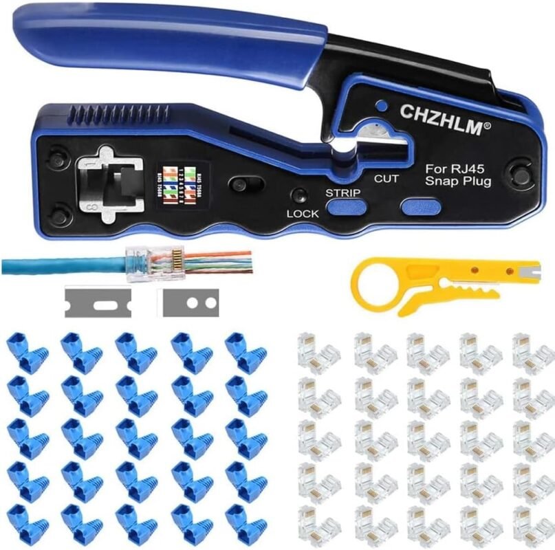 RJ45 Crimp Tool Pass Through Crimper Cutter for Cat6a Cat6 Cat5 Cat5e 8P8C Modular Connector Ethernet Crimper Tool
