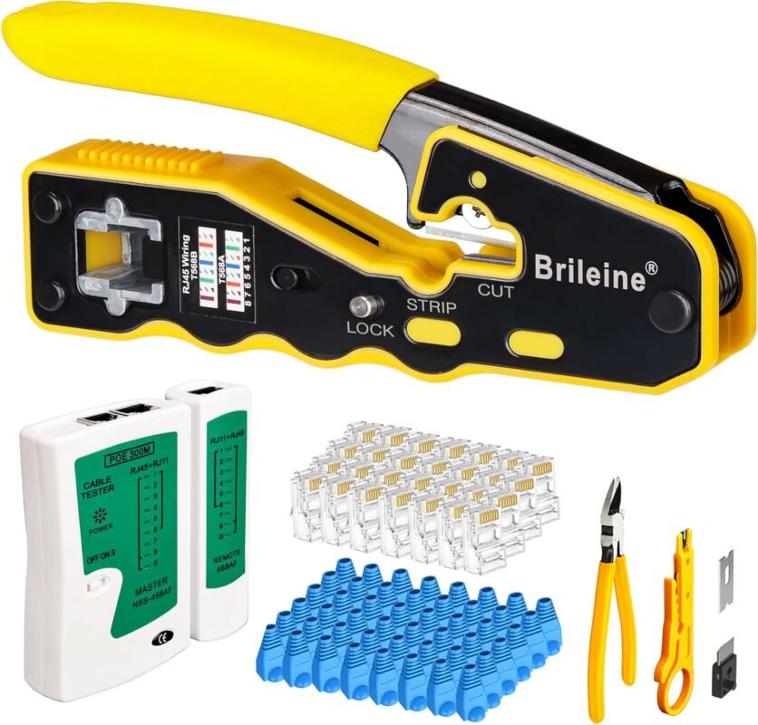 RJ45 Crimping Tool Ethernet Crimper for Cat6, Cat5, Cat5e RJ45 Pass-Through Connectors and RJ12