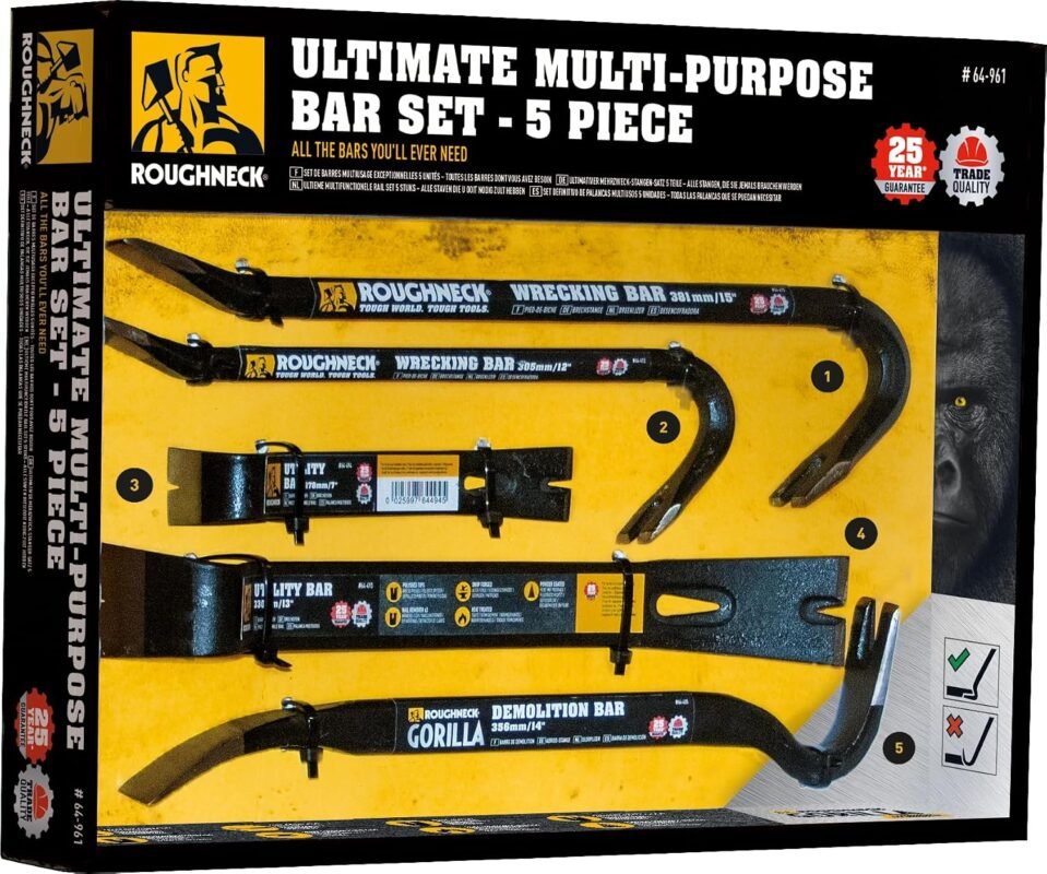 Roughneck ROU64951 Toolbox Bar 4 Piece Set – Wrecking Bar, Nail Puller, Floorboard Puller, & Mini Utility Bar