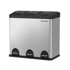 SONGMICS 54L Recycling Bin, Steel Pedal Bin with 3 Sections, Inner Buckets, 6 Sorting Labels, Silver and Black