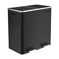 SONGMICS Double Rubbish Bin, 2 x 30L Waste and Recycling Kitchen Bin with 15 Rubbish Bags, Metal Pedal Bin, Plastic Inner Buckets and Hinged Lids, Handles, Soft Closure, Airtight, Black