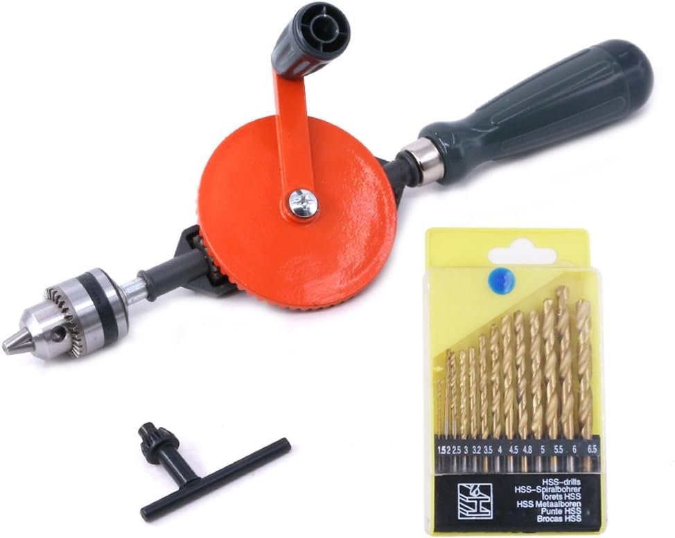 Swpeet Powerful Speedy Hand Drill 1/4-Inch Capacity with 13-Piece Drill Bit Set, Mini Hand Drill Manual with Finely Cast Steel Double Pinions Design