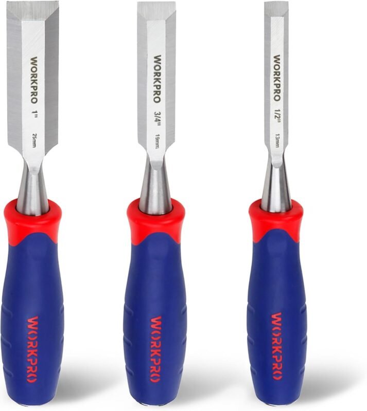 WORKPRO Wood Chisel Set, 3 Pieces Wood Carving Chisels 12 mm, 19 mm, 25 mm, Cr-V Bevel Edge Chisels with Steel Hammer End and Non-Slip Handle for Woodworking, Wood Carving and Sculpting