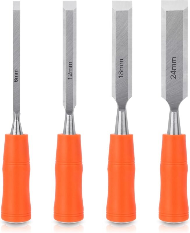 Wood Chisel Set - 4 Pieces, Woodworking Carbon Steel Anti-Slip Grip Striking Cap Chisel Set - Grip Colour May Vary
