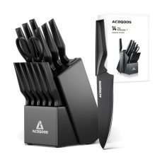 ACOQOOS 14-Piece Knife Set with Block – Kitchen Knives for Chopping, Slicing, Dicing, and Cutting with Built-in Sharpener