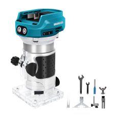 Cordless Router Compatible with Makita 18V Battery – 1300W Brushless Wood Trimmer with 6 Speeds, Straight Guide, Guide Wheel, Milling Bit, and 2 Spanners (Battery Not Included)