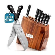 Cutluxe Knife Block Set – 8Pcs Professional Kitchen Knife Set with Block – Razor Sharp Knives with Full Tang Design, High Carbon German Steel, Natural Acacia Wood Block – Artisan Series