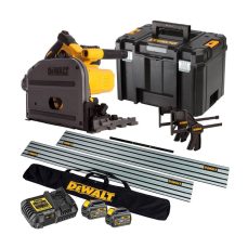 Dewalt DCS520T2 54V Flexvolt 165mm Plunge Saw with 2 x 6.0Ah Battery, Charger & Case + 2 x Guide Rail in Bag & 2 x Clamp