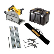 Dewalt DWS520KT 240V Plunge Saw with 2 x 1.5m Guide Rails Connector Clamps & Bag - Perfect for Precise Cuts and Easy Door Fitting