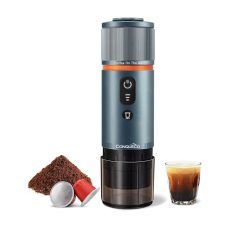 CONQUECO Portable Espresso Coffee Machine: 12V Electric Small Travel Espresso Maker - Self Heating 8 Cups Battery Powered Compatible for Nespresso Capsules - for Camping RV Hiking Office (Smoke Blue)