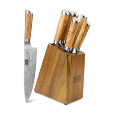 HOSHANHO Damascus Kitchen Knife Set with Block, 7 Pieces Professional VG-10 Damascus Super Steel Cooking Knife Set with Ergonomic Handle