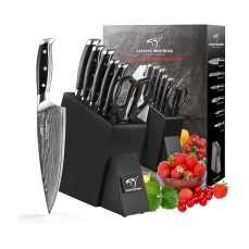NANFANG BROTHERS 7 Piece Damascus Kitchen Knife Set with Block - VG10 Steel Core with HRC 60 ± 2 Hardness, Includes Cooking Shears, Ideal Knife Set Gift