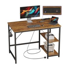 JOISCOPE Computer Desk, 100cm Office Desk with Power Outlets, USB & Type-C and Shelves, Modern PC Desk with Hook, Study Table for Writing, Small Desk for Bedroom Home Office, Vintage Oak