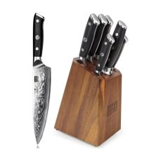 SHAN ZU Knife Set with Block - 7-Piece Damascus Kitchen Knife Set, Japanese High Carbon Super Steel 67 Layers, Professional Chef Knives with G10 Handle