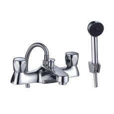 Hestia Deck-Mounted Bath & Shower Mixer Tap – Stylish Chrome Finish, Dual Lever Control, High-Pressure Compatible, Complete with Handheld Showerhead.